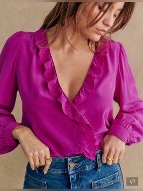 Sezane Rosine Women’s Ruffle V-Neck silk Blouse in fuchsia